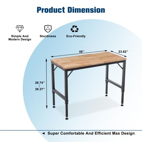 48\" Heavy-Duty Adjustable Workbench for Garage, Rubber Wood Shop Table W/Rubber Pads, Hardwood Workstation Weight Capacity Over 2000 Lbs (48\" Heavy-Duty Adjustable Workbench) - Thumbnail 2