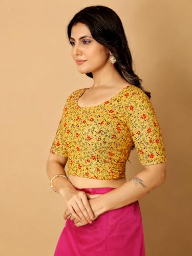 Image of Amazon Brand - Anarva Round Neck Dobby Cotton Lycra Stretchable Elbow Half Sleeve Readymade Saree Blouse for Women Stylish