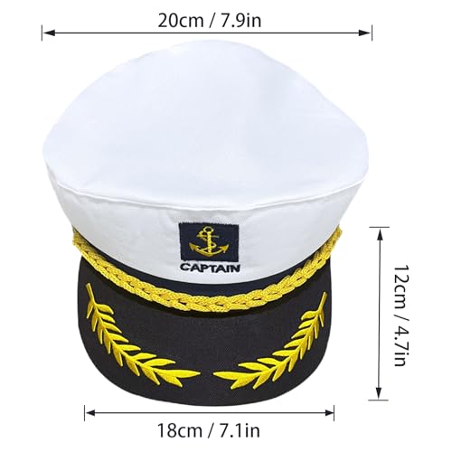 PEWHAUL Captain hats,Yacht Sailors Hat, Boat Skipper hat Suitable for Adults and Kids Snapback adjustable Sea Cap Navy Marine costumes accessory (White)