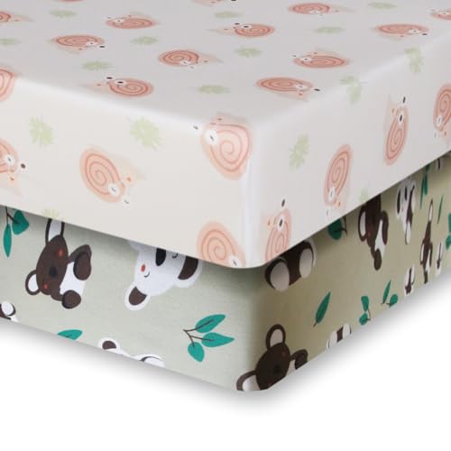 Image of Hevituwhe Pack and Play Sheets Fitted Soft Jersey Knit Breathable Material playard Bedding 38x26 Pack Koala&Snail, Brown