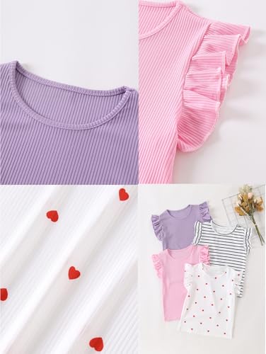 Image of Girls 4 Packs Tees Ruffle Short Sleeve T-Shirt Ribbed Knit Casual Summer Tunic Tops 4-12 Years