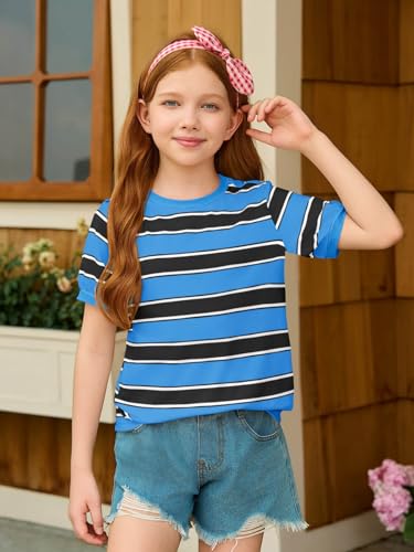 Image of Haloumoning Girls Striped Short Sleeve T Shirts Kids Summer Casual Tops Crewneck Tees Blouses 5-14Y