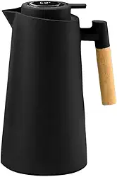 Garrafa Térmica 1L com Termômetro Digital LED e Cabo de Madeira – Para Café, Chá e Bebidas Quentes ou Frias – Design Moderno e Sofisticado para Mesa Posta e Cozinha – (Preto)