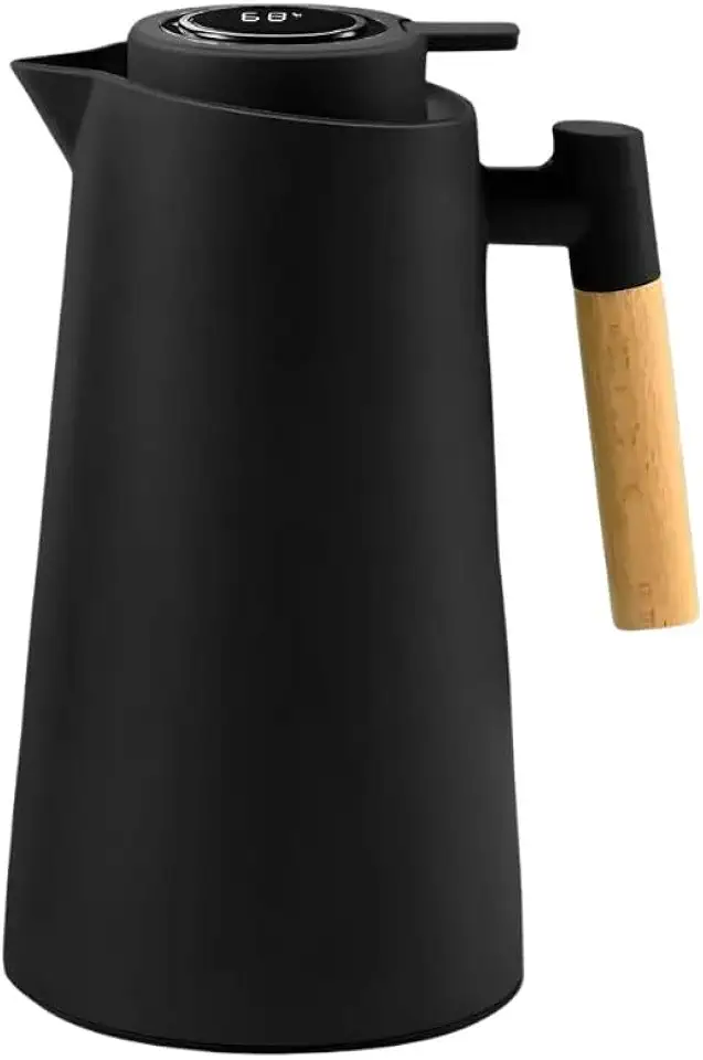 Garrafa Térmica 1L com Termômetro Digital LED | Design Premium com Cabo de Madeira | Ideal para Café, Chá e Mesa Posta Elegante (Preto)