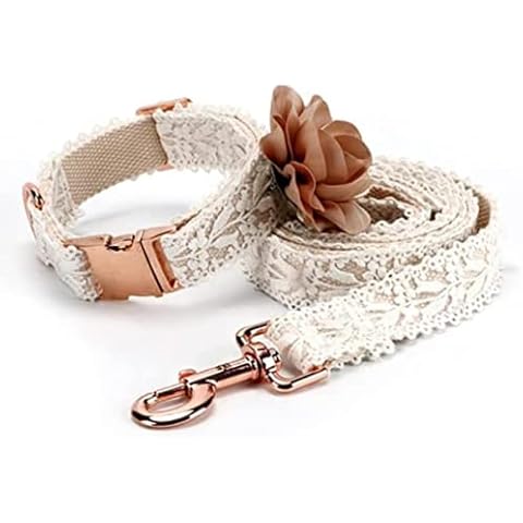 Lace Dog Collar Set Fashion Flowers Puppy Cat Dog Collar Art Embroidered Dog Collar Personalized Premium Dog Collar with Metal Clasp Leash Adjustable for Small Medium Large Dogs (Medium) Cover