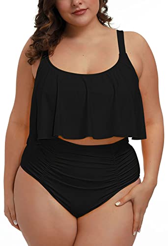 Pink Queen Damen Übergröße Tankini Set 2-Teiliges Bauchkontrolle Badeanzüge Strand Rüschen Plus Size Bikini Schwarz XL
