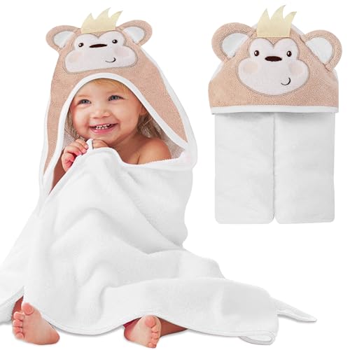 Image of Mother's Choice Baby Hooded Towel - Large Size Cotton, Ultra-Soft & Absorbent Bath Towel for Newborns, Infants, Toddlers, Boys & Girls with Animal Hood (Monkey)