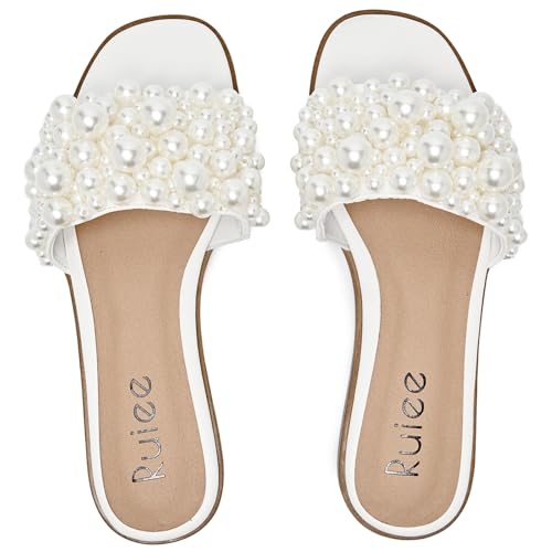Ruiee Flat Slides Sandals for Women, Pearl Decor Slide Sandal Sparkly Bling Dressy Comfortable Casual Bride Wedding Summer Slip on Womens Sandals.241223 White Size9