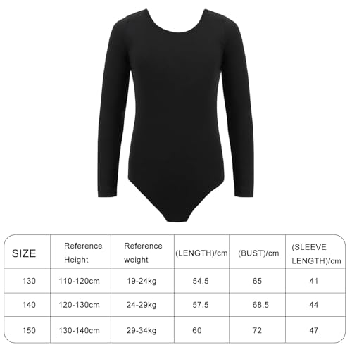 Vxcbad Gymnastikanzug Mädchen Turnanzug Mädchen Tanzbody Mädchen Balletttrikot Mädchen Ballett-Trikot für Kinder Langarm V-Ausschnitt Schwarz (Schwarz, 130(110-120cm))