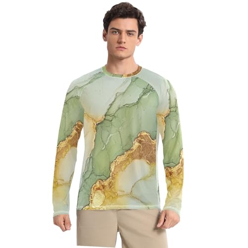 Marble Sage Green Yellow Men's Rash Guard Elastic Loose Mens Sun Protection Long Sleeve Outdoors