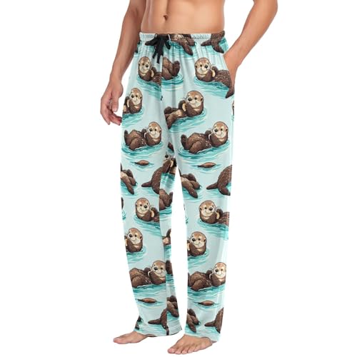 Men’s Cute Sea Otters Pajama Pants with Pockets, Comfortable Lounge Sleep Bottoms#3554