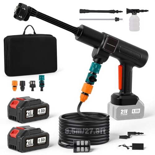 Trsaow Cordless Pressure Washer, 1200PSI High Pressure Cleaner with 2 x 4000mAh Batteries, 8.5m Hose & 3 Nozzles for Car, Home, Patio Cleaning