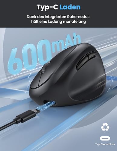 TECKNET Ergonomische Maus Bluetooth, Wiederaufladbar Maus Kabellos mit 3 Gerät (BT 5.0/3.0 + 2.4G), 6 Tasten, 4800 DPI Leise Vertikale Funkmaus für Laptop, Computer, iPad, Mac, Windows
