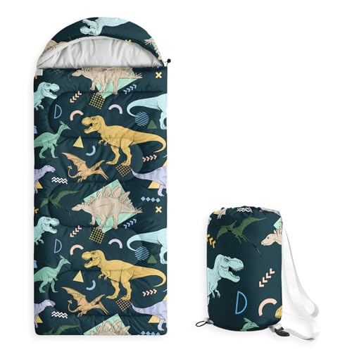 Wake In Cloud - Kids Sleeping Bag for Boys Toddlers Camping in Warm Cold Weather Backpacking Lightweight Compact Outdoor Liner for 3 Seasons Colorful Dinosaur Graffiti Dark Green