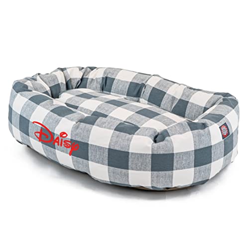 Image of Majestic Pet Anderson Check Personalized Bagel Dog Bed | Donut Style Pet Bed with Custom Embroidered Pet Name | Various Fonts and Thread Colors Available (X-Large, Gunmetal Blue)