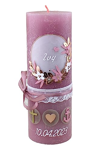 Cerziies® Taufkerze Rustik IVY Junge oder Mädchen mit Name und...