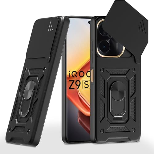 Image of Pikkme D10 Tough Armor Bumper Case | 360 Protection Case | Sliding Camera Shield Cover & Ring Holder Stand Back Cover for Vivo T3 Pro 5G / iQOO Z9s Pro 5G (Black)