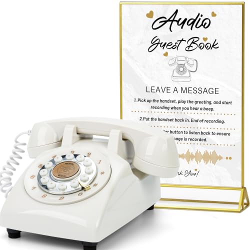 Image of Audio Guest Book Wedding Phone,32GB Memory Customized Audio Messages, Volume Adjustable, with Message Replay Feature, Suitable for All Kinds of Party(Beige+Golden Sign)