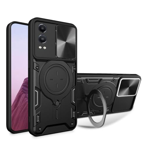 UPLAI Funda para OnePlus Nord CE4 Lite, Ultra Delgado Antigolpes Armadura Carcasa con Deslizar Cámara Cover y Soporte Magnética, Premium PC+TPU Duradero Estuche Caso.Negro