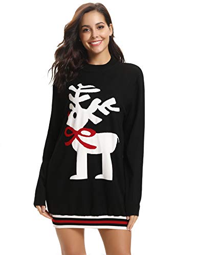 Aibrou Womens Christmas Sweater Dress Reindeer Knitted Sweater Pullover Black