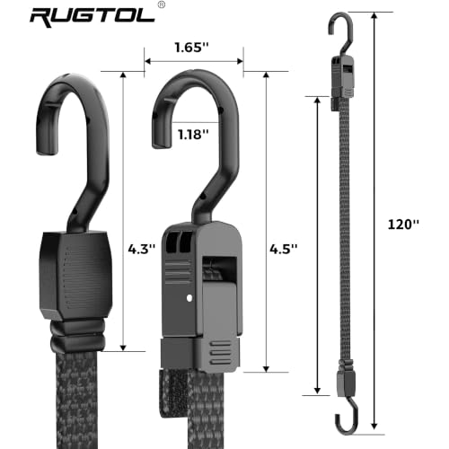 Image of Rugtol Bungee Cords with Hooks, 122 Inch Adjustable Flat Bungee Straps with Quick Release Buckle, Rubber Black Heavy Duty Elastic Cords with Metal Hooks for Bike Rack, Outdoor, Camping, Tarp, 4 Pack