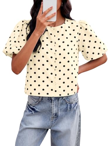 Image of Tankaneo Womens Cropped Tops Puff Sleeve Button Down Shirts Trendy Casual Loose Fit Cute Blouse