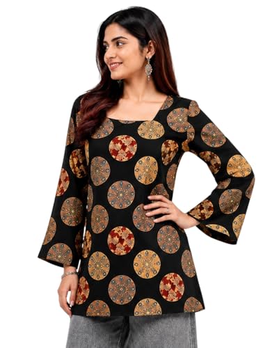 Image of SONISHA Women's Rayon Floral Print Short Kurti for Women Elegance Square Neck, Long Sleeves with Style Criss Cross Back Kurti, Top for Office Wear, Casual, Outdoor