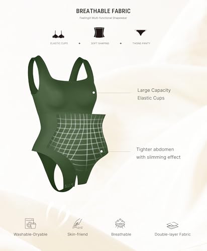 Image of FeelinGirl Bodysuits for Women Seamless Square Neck Tummy Control Compression Thong Shapewear Bodysuit Tank Tops Bodysuit