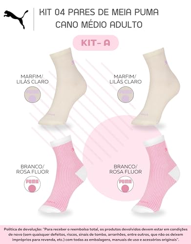 PUMA Kit 4 Pares Meia Cano Médio Confortável Respirável Feminino Adulto, KIT - A, 34-39