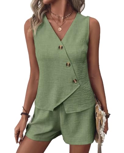 MINTLIMIT Womens 2 Piece Outfits Summer Sleeveless Blazers Button Linen Vest Shorts Set Casual Matching Sets