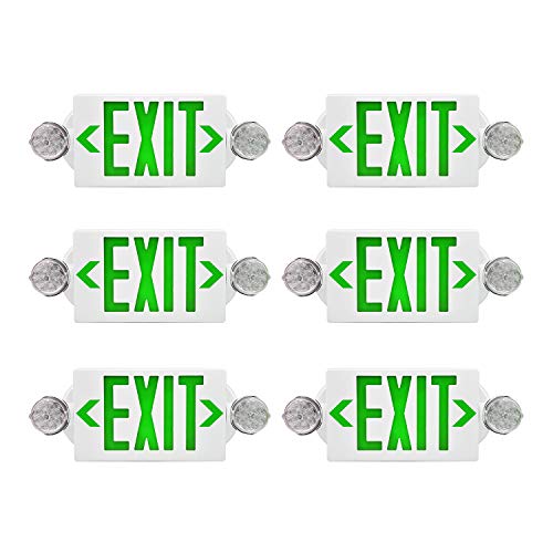 AKT LIGHTING LED Emergency Light & Exit Sign Combo, Green Exit Sign, UL Certified Emergency Exit Light, Adjustable Lamps with Back-up Battery for Business (Green, 6 Pack)