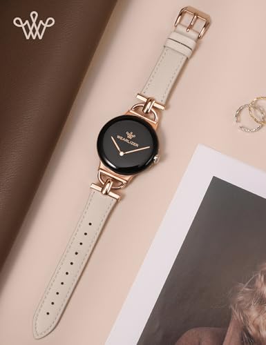 Image of Wearlizer Leather Bands Compatible with Google Pixel Watch 4 /3 41mm /Pixel Watch 2 /1 Band Women, Dressy Designer Slim Leather Strap with D-Shape Metal Buckle for Pixel Smartwatch Accessories
