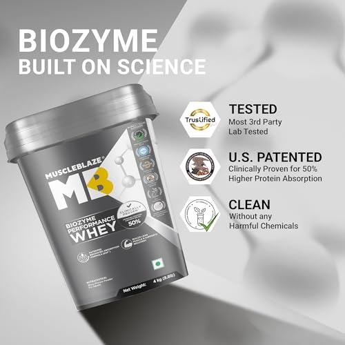 Image of MuscleBlaze Biozyme Performance Whey Protein Powder, Blue Tokai Coffee (4kg / 8.8lbs) | 25g Protein Per Scoop | Clinically Tested 50% Higher Protein Absorption
