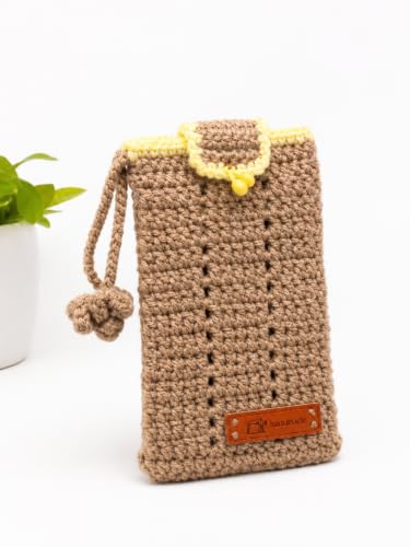 Image of Handmade Crochet Mobile Pouch for Women & Girls | Knitted Phone Holder with Wrist Strap | Cute Floral Aesthetic Mobile Cover Case | Soft Yarn Handmade Gift (Brown)