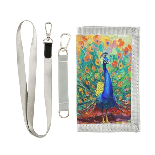 Sletend Peacock Boys’ Novelty Wallet Fabric Trifold Design with Cartoon Print, Secure Velcro Closure Lanyard Hook Multiple Compartments Ideal for Daily Carry
