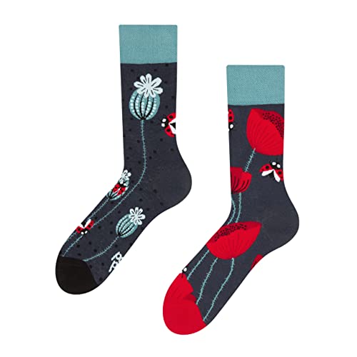 Dedoles Socken Unisex Damen Herren & Kinder Baumwolle viele lustige Designs 1 Paar Geschenk links rechts verschieden Farbe Rot Motiv Marienkäfer und Mohnblumen Gr. 35-38