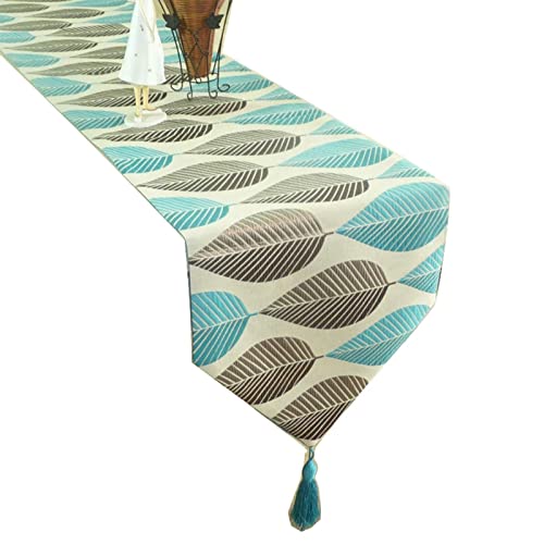 Chemin de table de Noël de qualité supérieure motif feuilles en lin et coton bleu