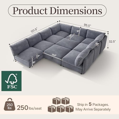 Image of Oversized Corduroy Modular Sectional Sofa Bed with Hidden Storage, Convertible L U Sleeper Couch, Modular Sofa 10 Seat Free Combination with Ottoman & Removable Covers for Living Room, Gray