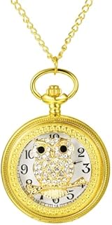 JewelryWe Vintage Pocket Watch Novelty Owl Locket Pendant Watch Steampunk Quartz Necklace Watch with 31.5 Inch Chain for Xmas