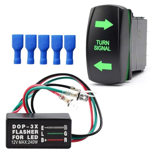 Greluma Kit de relais de clignotants avec interrupteurs à bascule 4 broches ON/OFF, LED verte gravée au laser, câbles de démarrage SPDT 12 V/24 V pour VTT, UTV, tracteur, moto