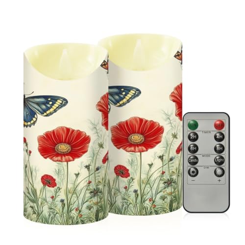 Ewusp Juego de 2 velas LED parpadeantes sin llama con diseño de mariposas y flores, con control remoto y temporizador, para decoración del hogar, bodas, vacaciones, fiestas, centros de mesa