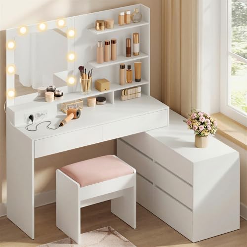 VASAGLE Kailyn Collection - Coiffeuse avec Miroir LED et Tabouret, Multiprise, 8 Tiroirs, 3 Étagères, Éclairage 3 Couleurs, Modulable en Ligne ou en L,...