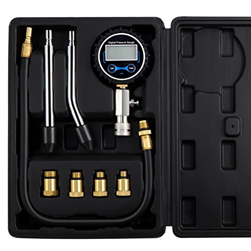 eROOSY Compresión probador de gasolina, probador de compresión de coche, comprobador de compresión digital con adaptador y manguera (negro)
