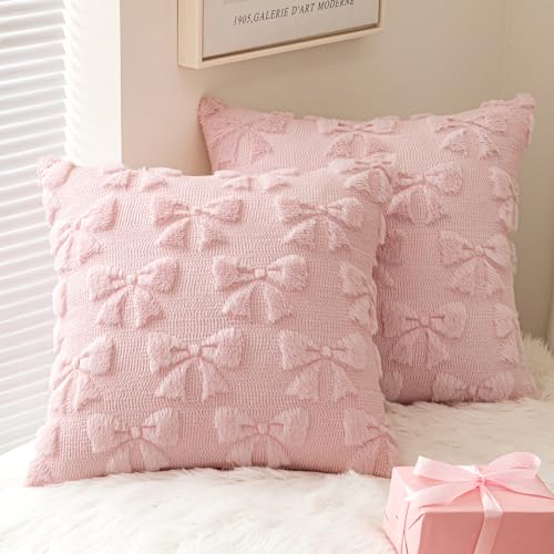 MIULEE Light Pink Bow Pillow Covers Coquette Room Decor Aesthetic Set of 2 Spring Decorative Cute Girl Soft Plush Faux Pillowcase for Preppy Room...