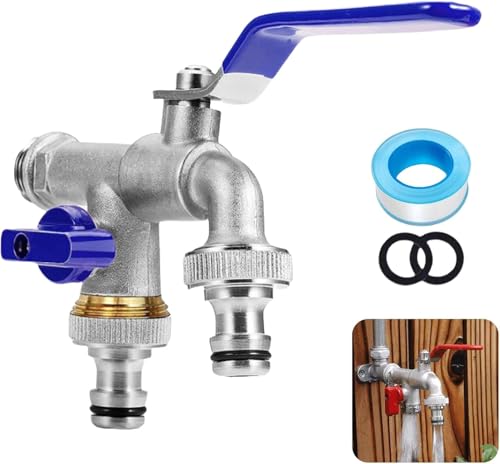 Double Outlet Garden Tap, Universal Stainless Steel Double Outlet Garden Water Faucet, Outdoor Tap Gardens Hose Splitter, 3/4 Water Hose Splitter (Blue)