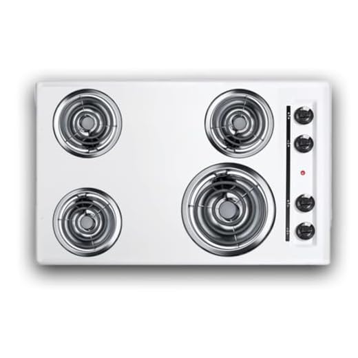 Summit WEL05 30"" Coil Electric Cooktop With 4 Coil Elements Porcelain Enamel Surface Recessed Top Chrome Drip Bowls 230V Electric Cooktop In White