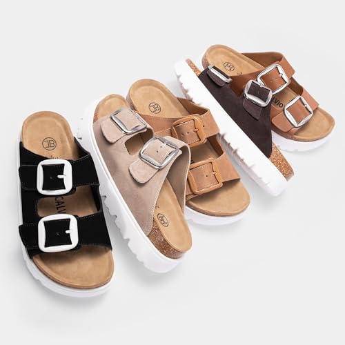 Women's Platform Sandals Suede Sandals with Adjustable Buckle Comfy Open-Toe Summer Slides for Indoor Outdoor Use, Non-Slip, Tan Size 10.5 — view 6