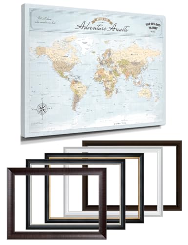 Image of IPIC - Framed World Map Wall Art, Custom Push Pin World Map with Names and Message on, Personalized Oversized Canvas Print Wall Decor for Home, Office, Study or RV, Ready to Hang