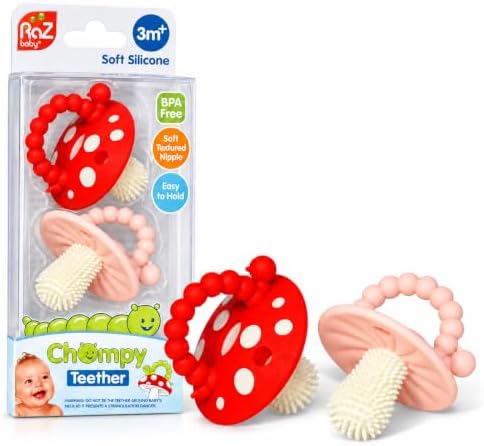RaZbaby Soft Silicone Infant & Baby 3M+ Teether Toy Massaging Bristles Teething Relief Pacifier - Soothes Sore Gums - Hands-Free & Easy-to-Hold Chompy Teether, BPA Free (RED/Pink)