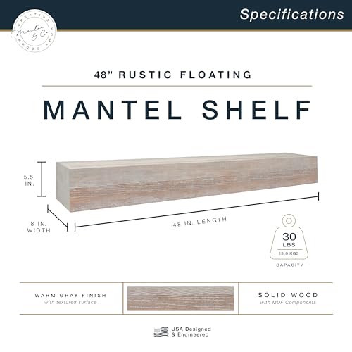 Image of MCS 48-Inch Mantel, Master & Co Warm Gray Finish Solid Wood Floating Fireplace Mantel, Long Floating Shelf for Livingroom with Wood Cleat Hanging System, Photo and Home Decor Display Shelf